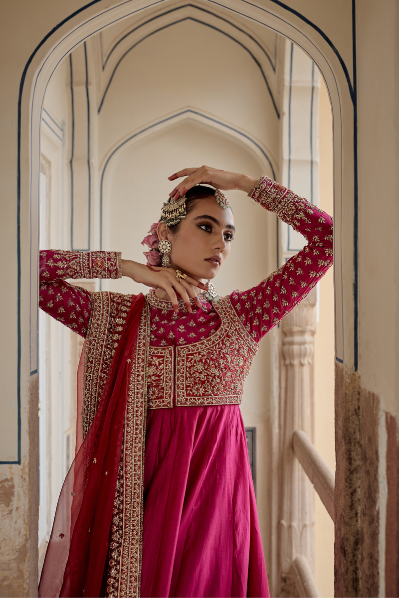 Noor - Dabka Zardozi Embroidered Chanderi Silk Rani Hotpink Anarkali  Set