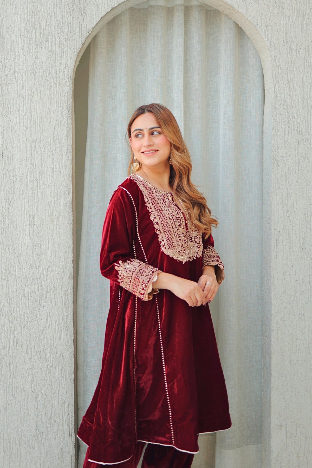 Nisreen - Maroon Silk Velvet Short Kalidaar Chauga with Salwar