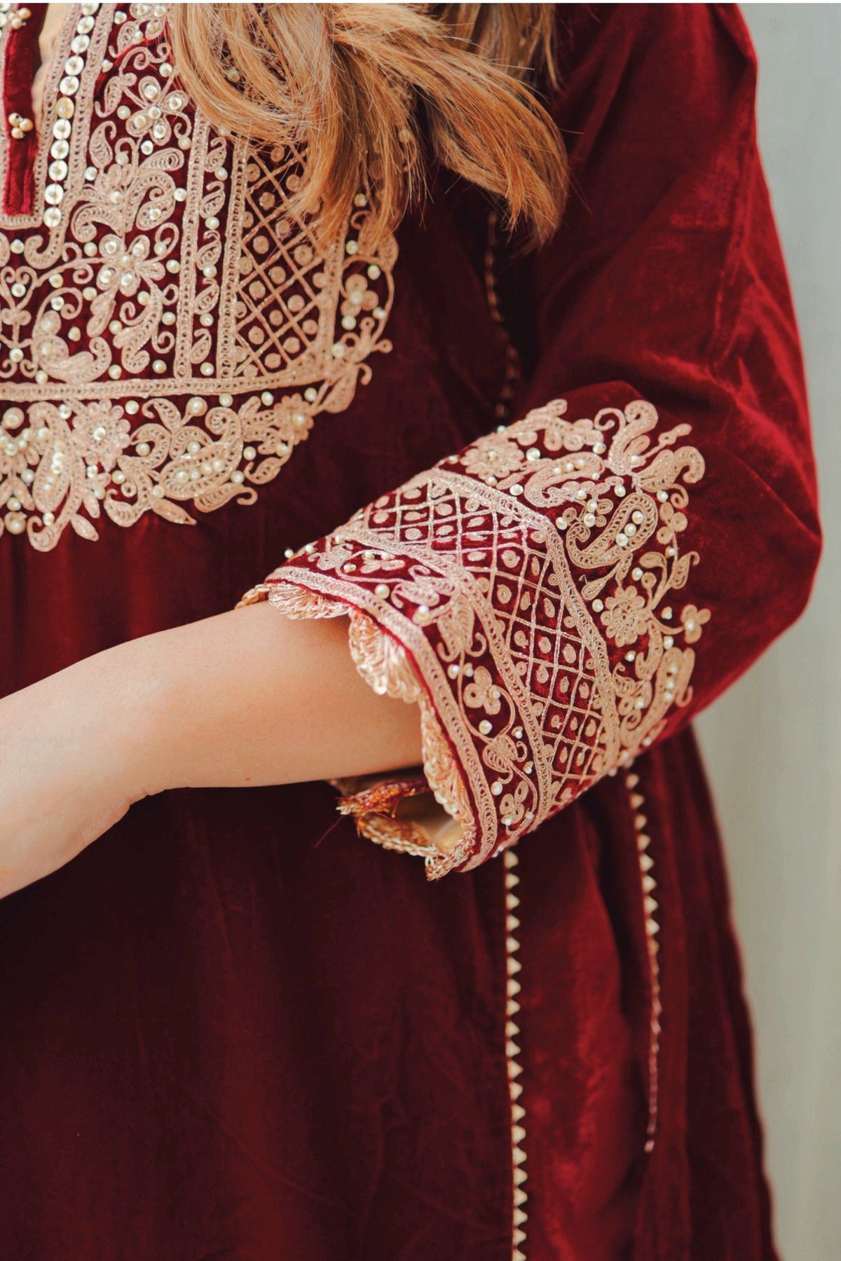 Nisreen - Maroon Silk Velvet Short Kalidaar Chauga with Salwar