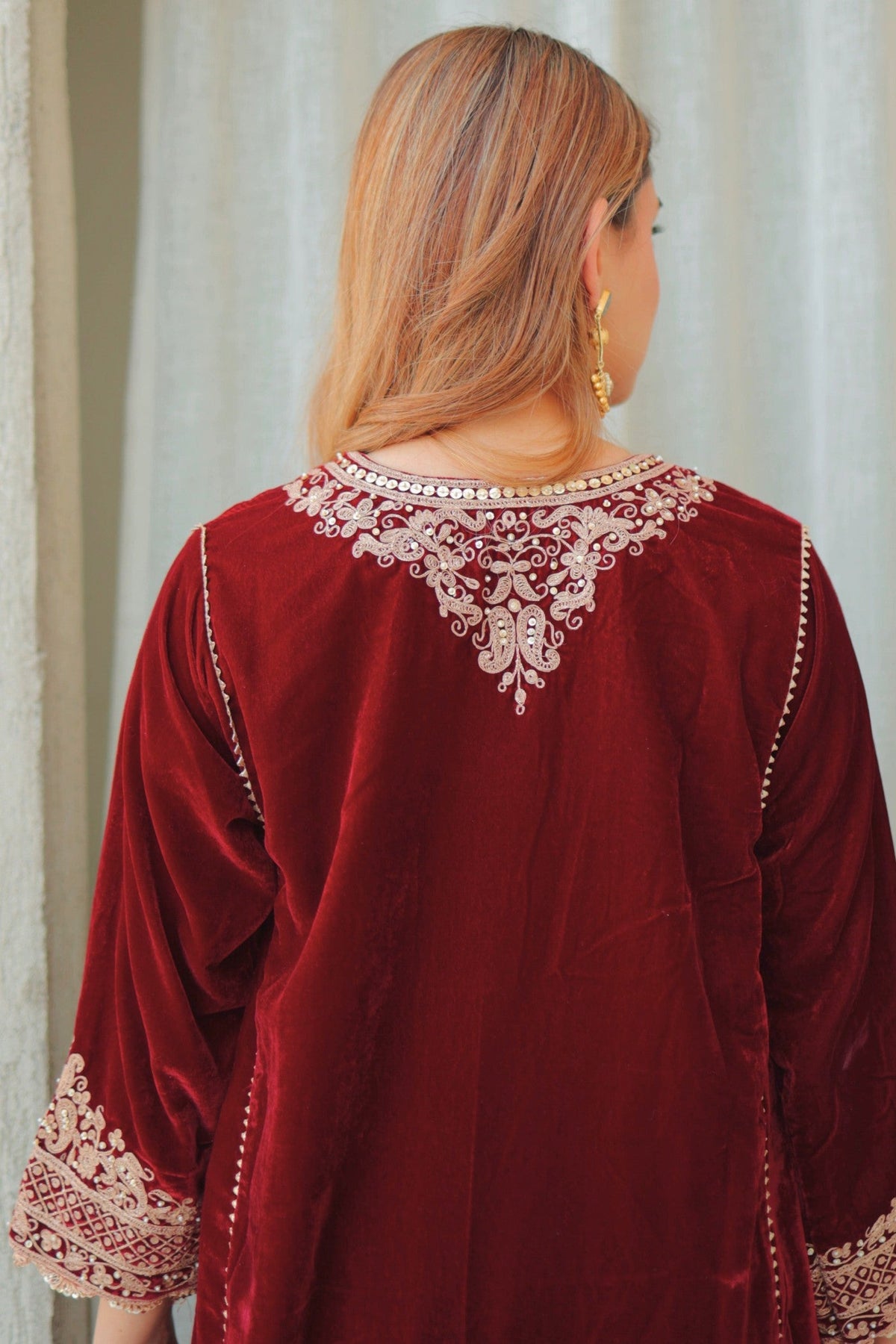 Nisreen - Maroon Silk Velvet Short Kalidaar Chauga with Salwar