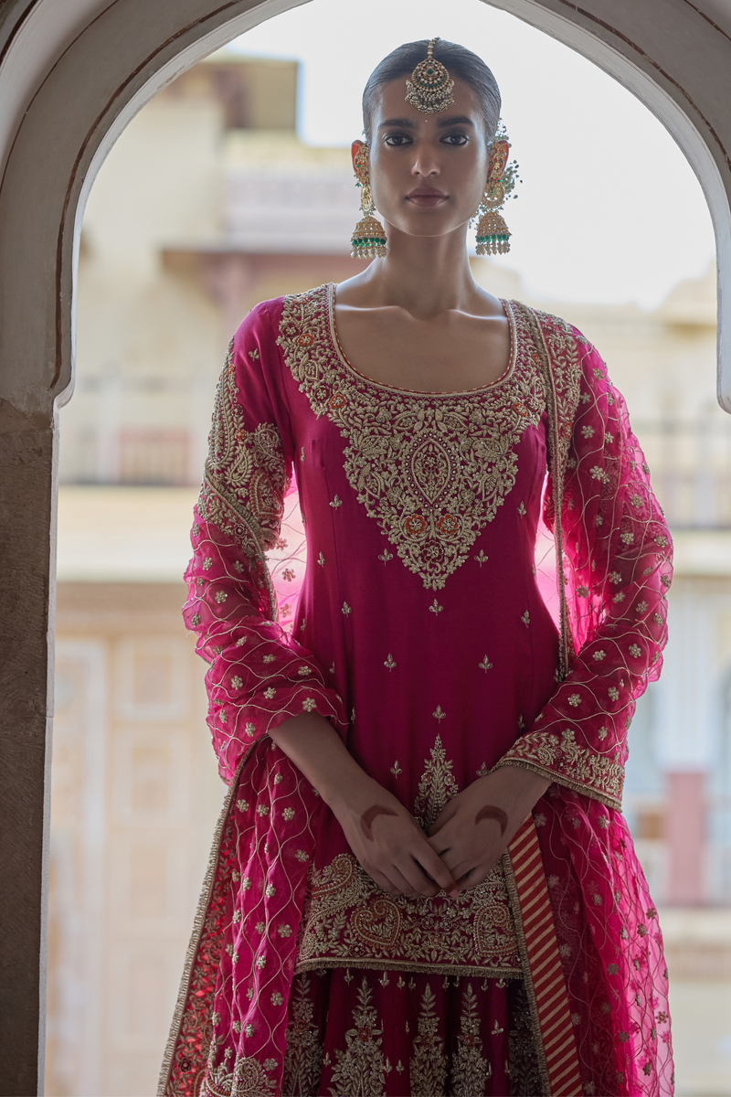 Alina - Dabka Zardozi Embroidered Silk Rani Hotpink Sharara Set (LXRTS)