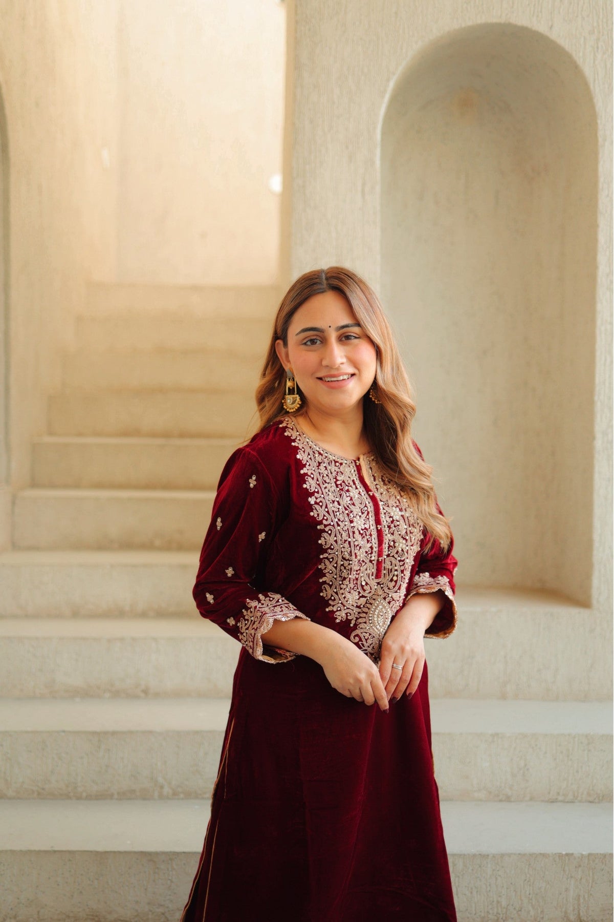 Naima - Maroon Silk Velvet Short Kurta with Salwar