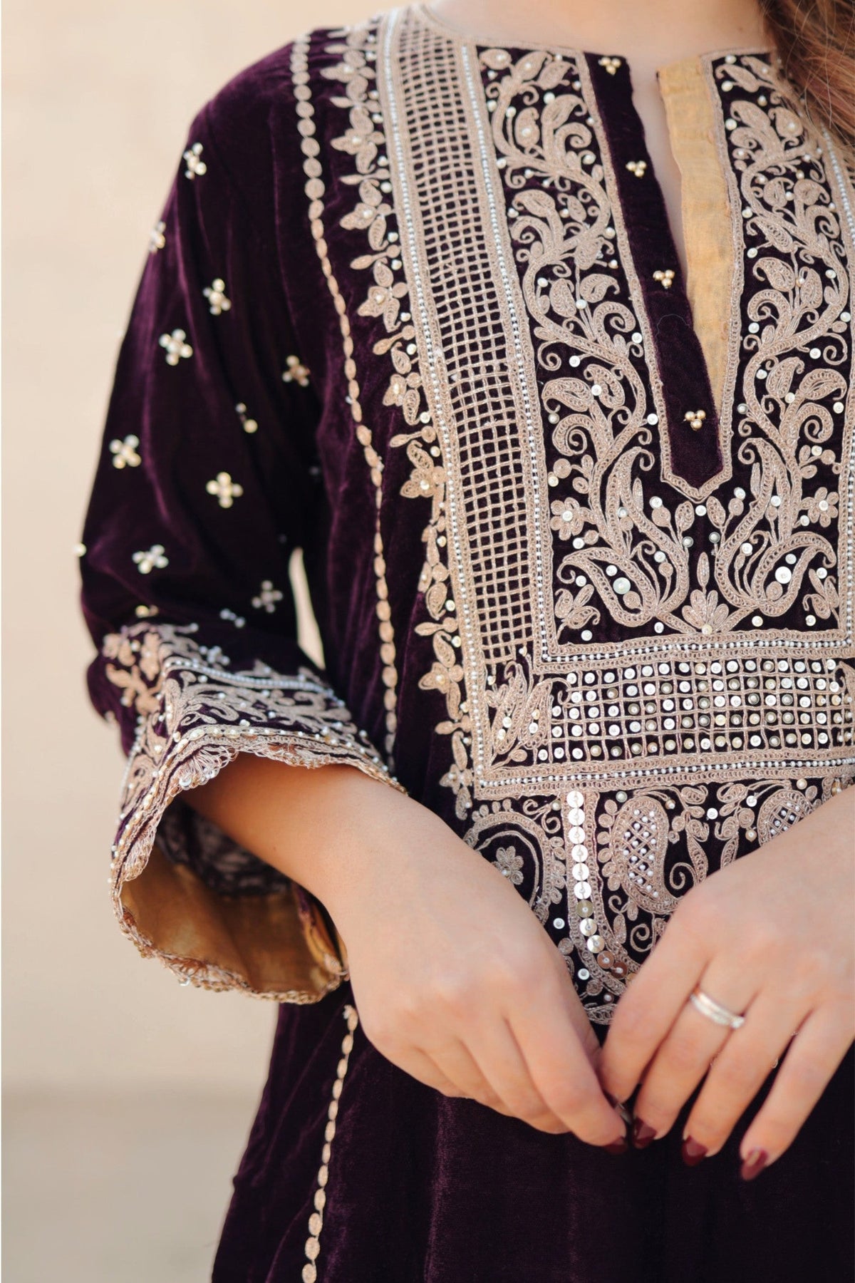 Marya - Wine Silk Velvet Long A-line Kurta with Salwar