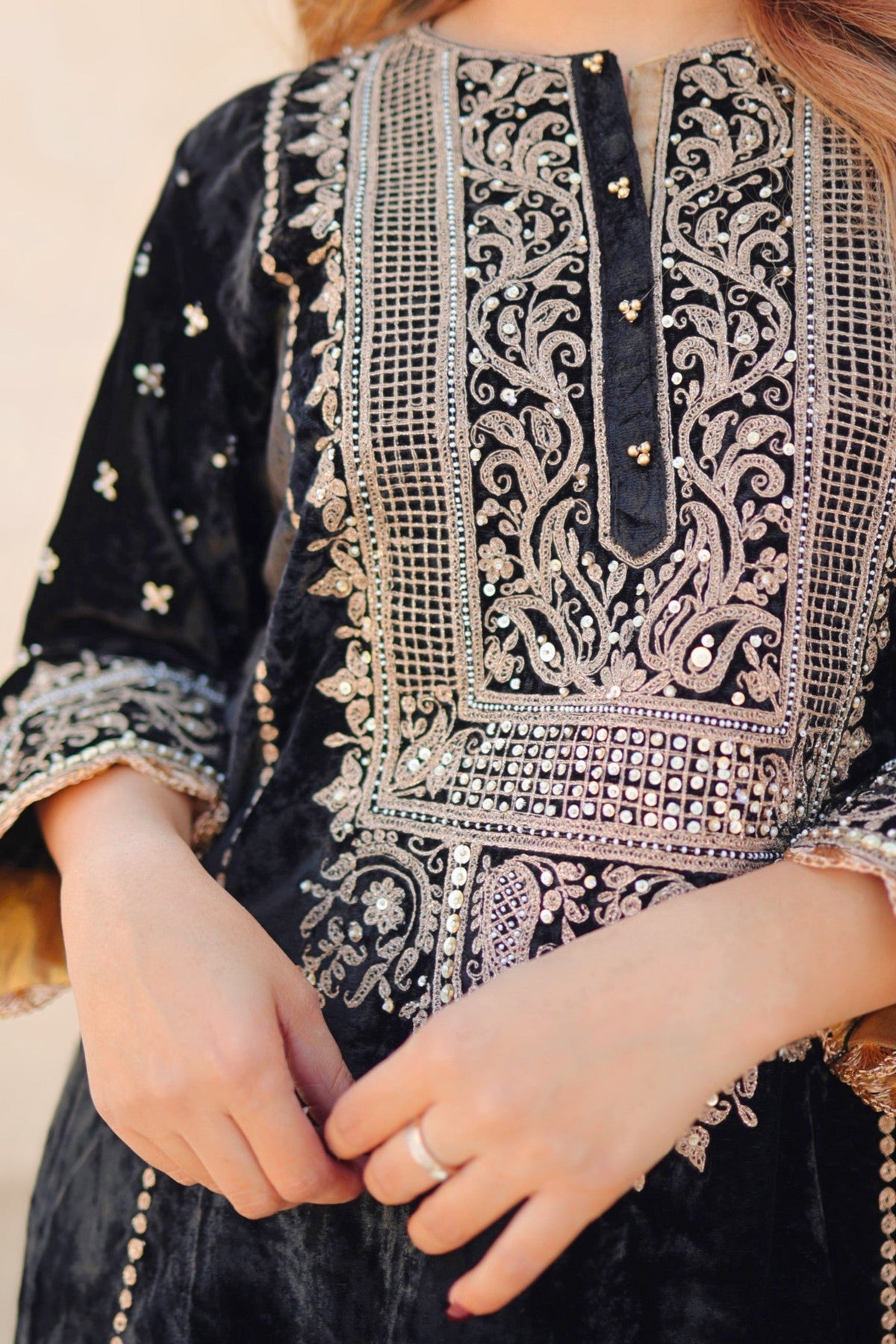 Marya - Black Silk Velvet Long A-line Kurta with Salwar