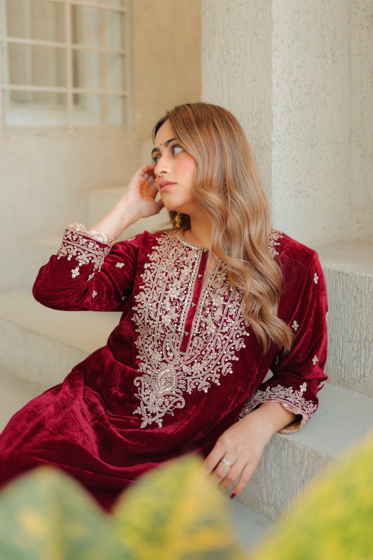 Naima - Maroon Silk Velvet Short Kurta with Salwar