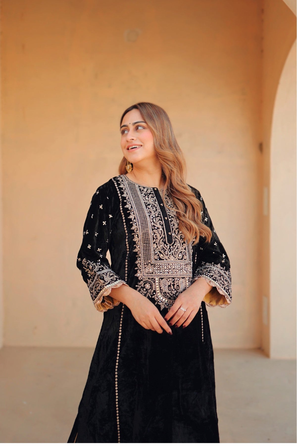 Marya - Black Silk Velvet Long A-line Kurta with Salwar