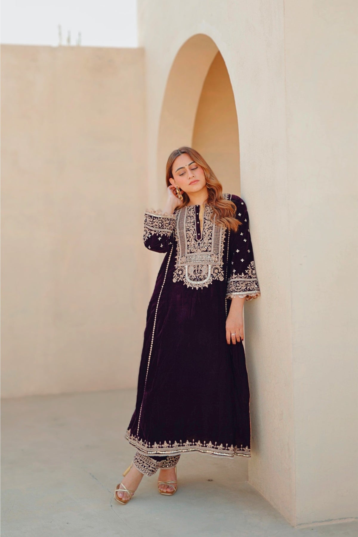 Marya - Wine Silk Velvet Long A-line Kurta with Salwar