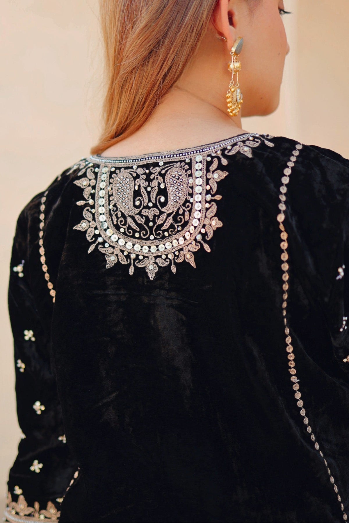 Marya - Black Silk Velvet Long A-line Kurta with Salwar