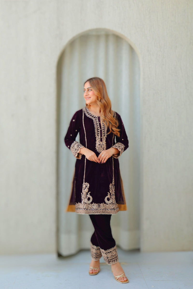Ayat - Wine Silk Velvet Short Kurta with Salwar