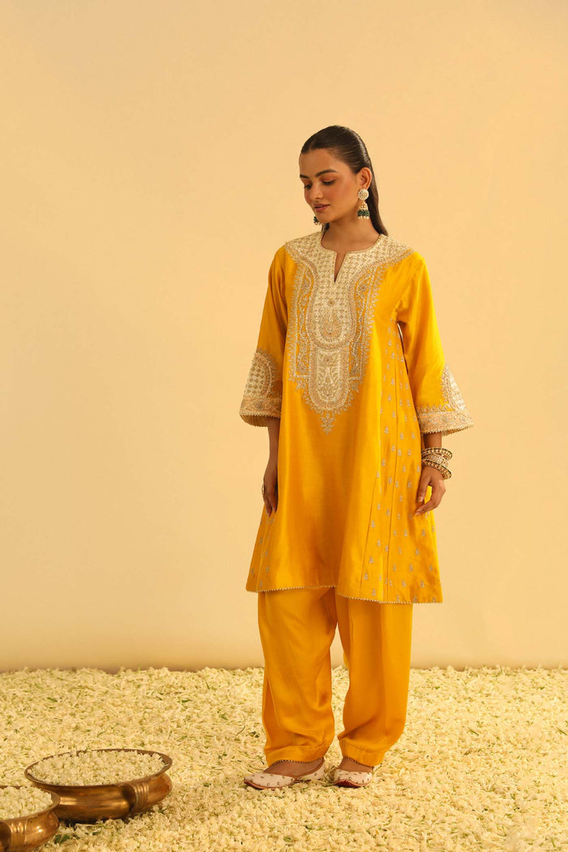 Arisana - Heirloom Mustard Short Kalidaar Choga with Salwar