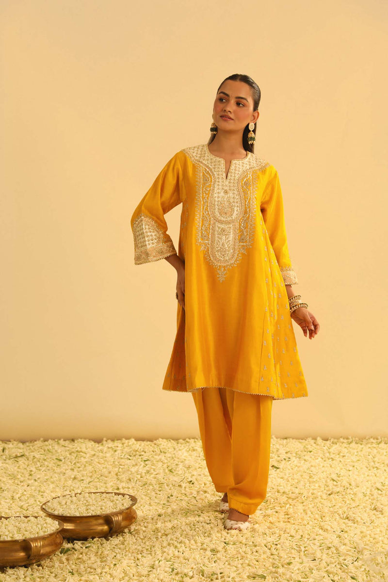 Arisana - Heirloom Mustard Short Kalidaar Choga with Salwar