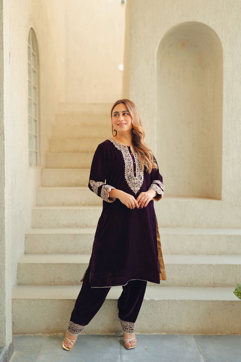 Zyra - Wine Silk Velvet Short Kurta with Salwar