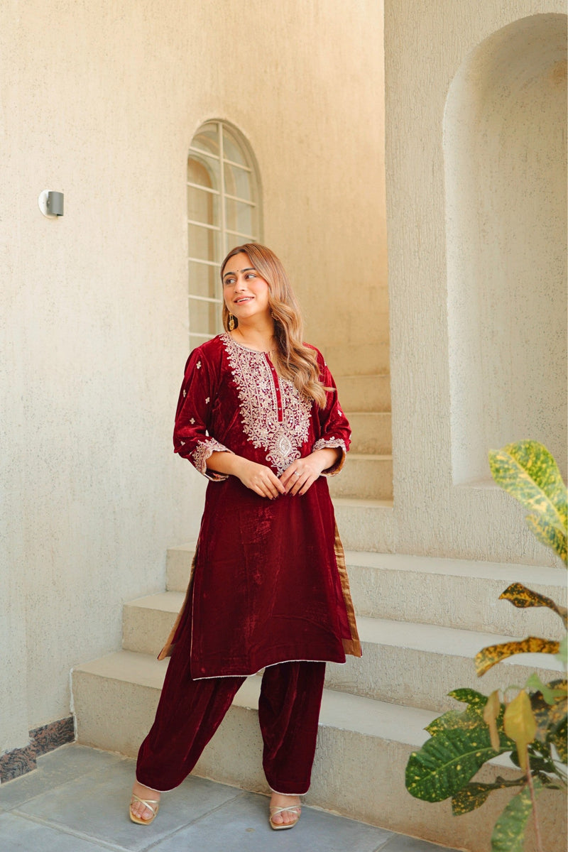 Naima - Maroon Silk Velvet Short Kurta with Salwar