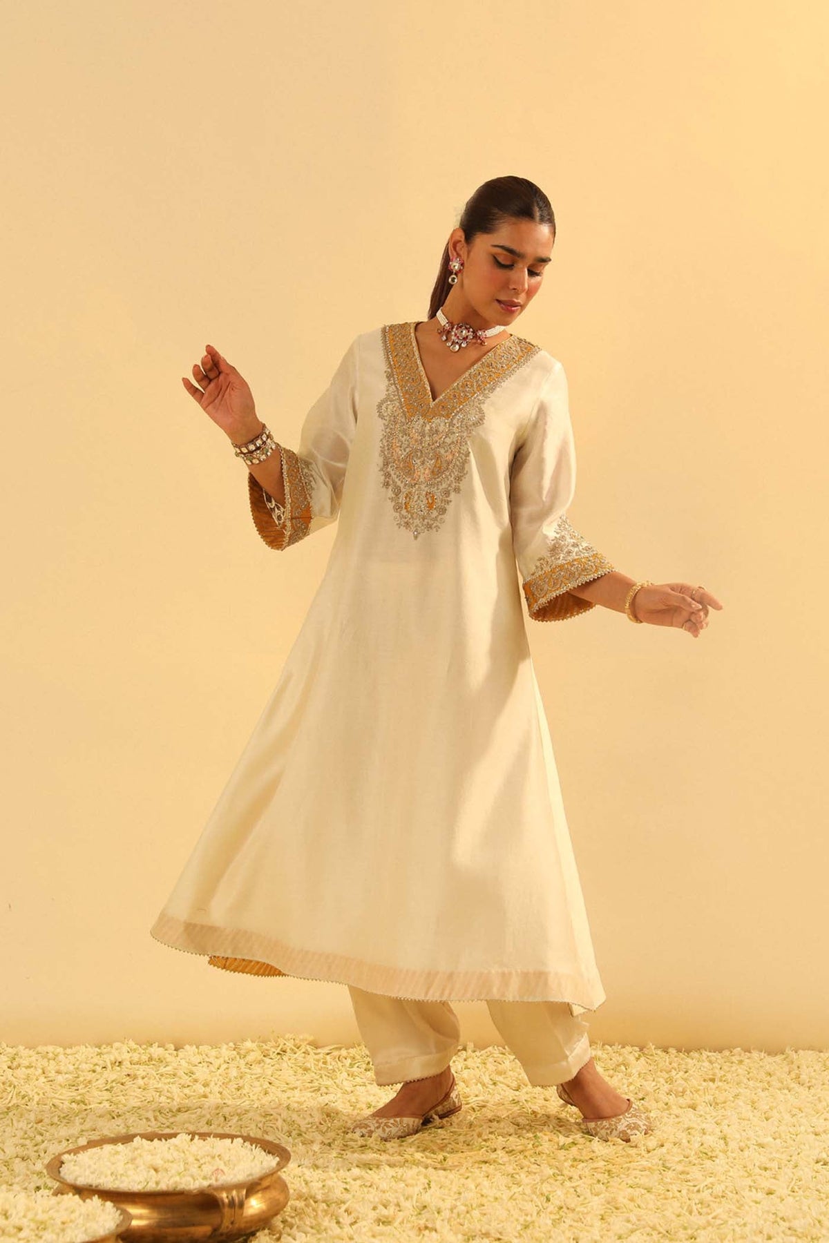 Shazana - Daisy Ivory Long A-line Choga with Salwar