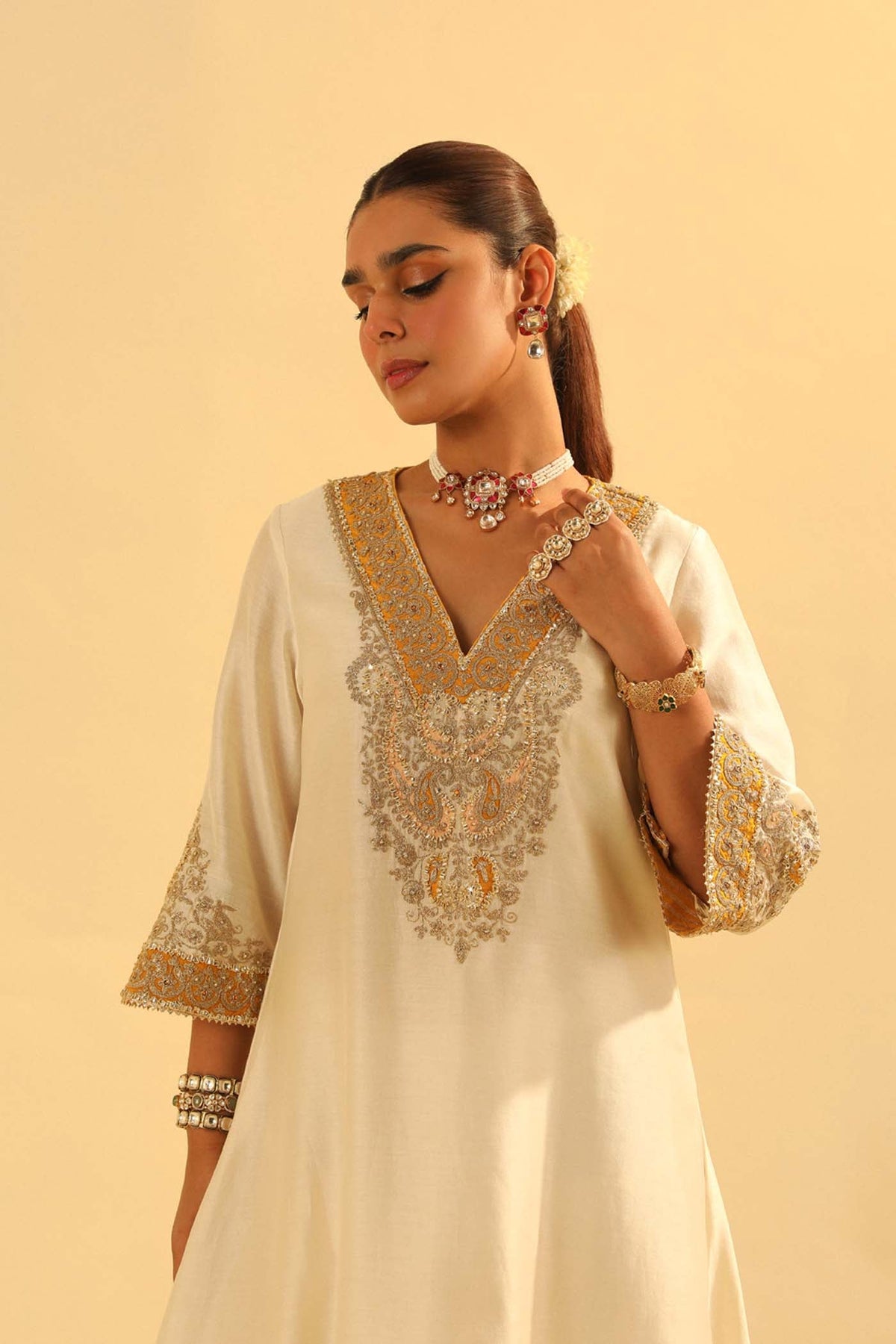 Shazana - Daisy Ivory Long A-line Choga with Salwar