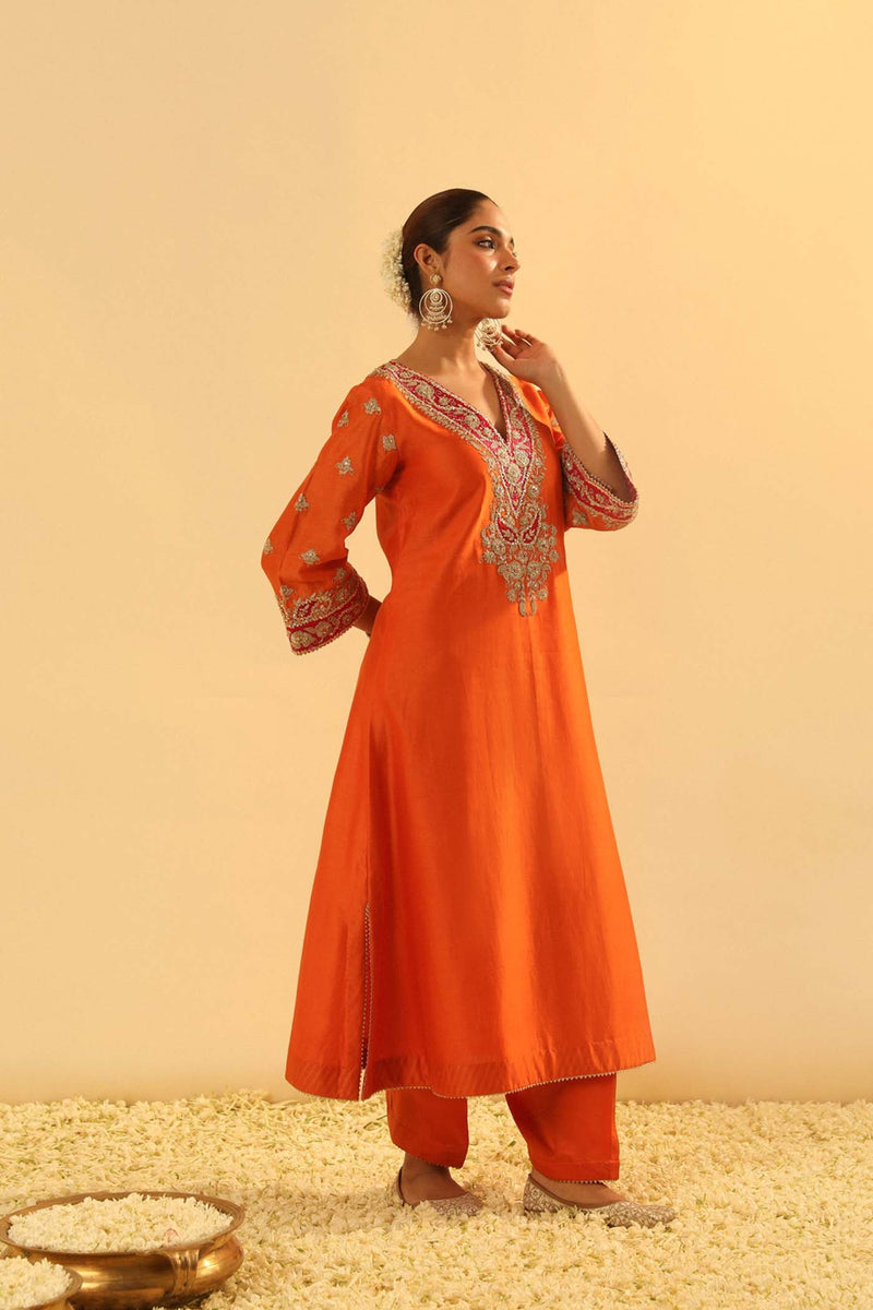 Alima - Orange Long A-line Choga with Salwar