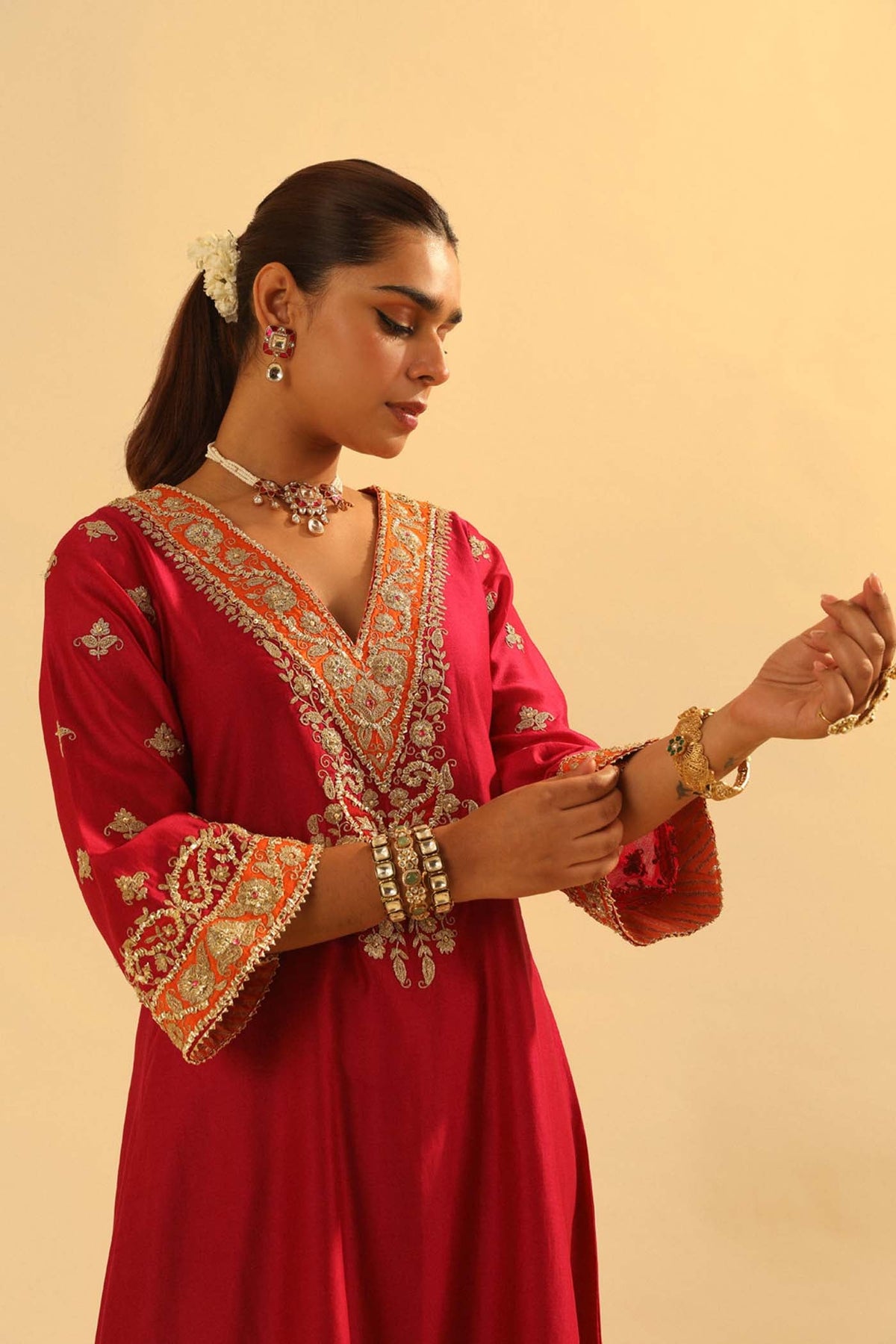 Alima - Red Long A-line Choga with Salwar