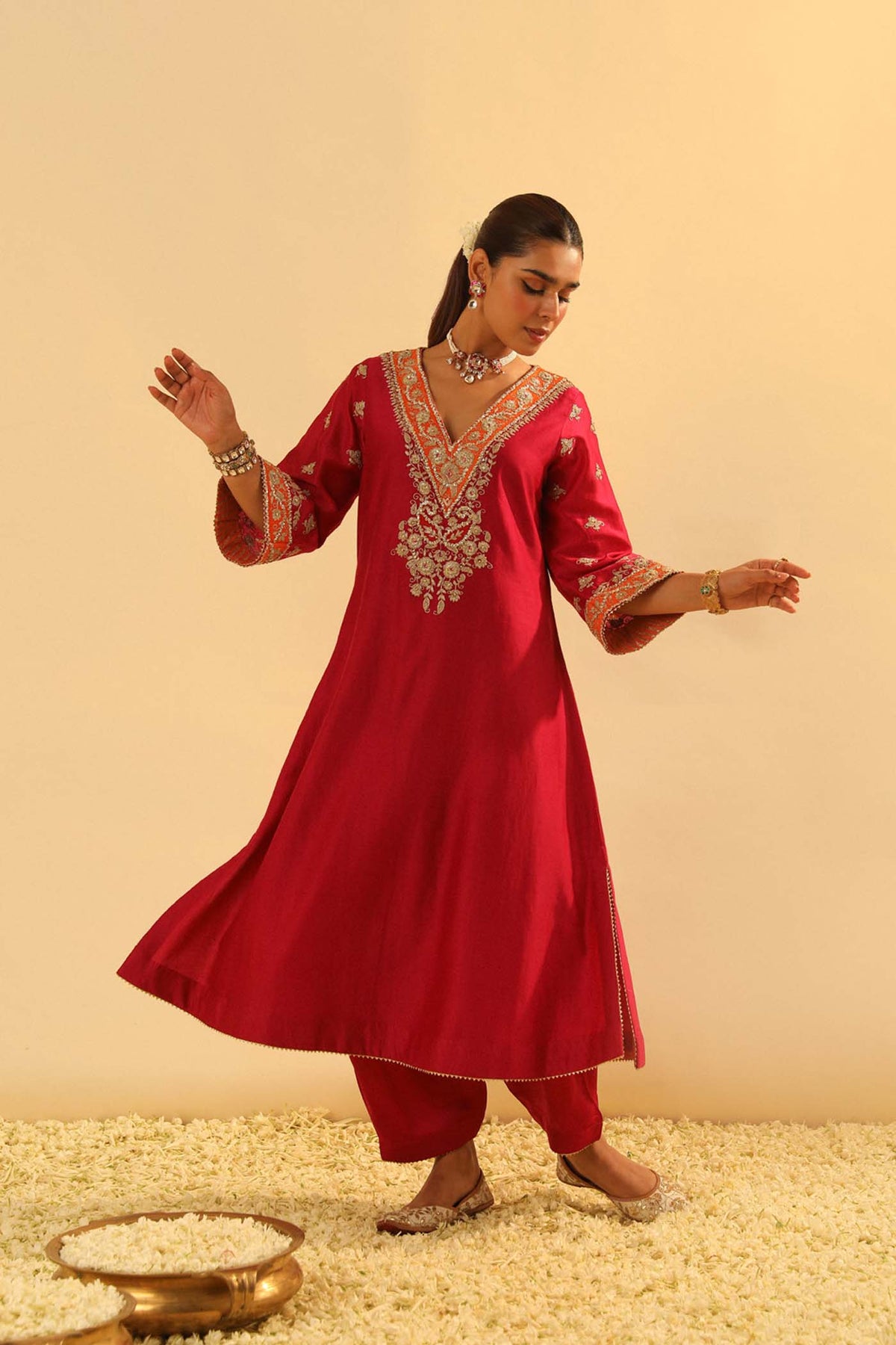 Alima - Red Long A-line Choga with Salwar