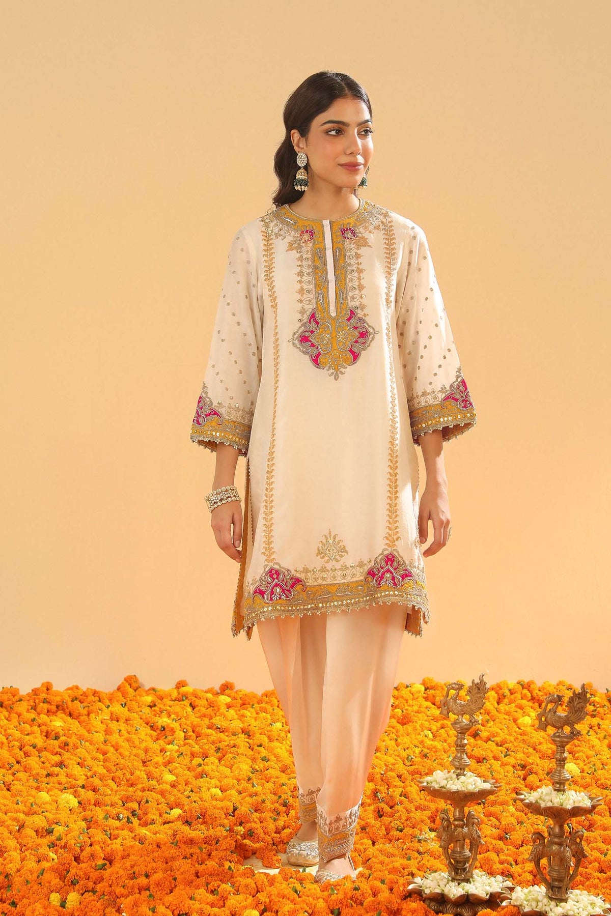 Ziana -  Daisy Ivory Short Straight Kurta with Salwar and Dupatta