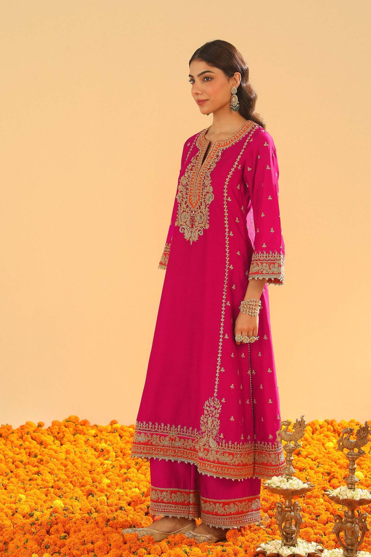 Aamish - Rani Hotpink Long A-line Kurta with Palazzo