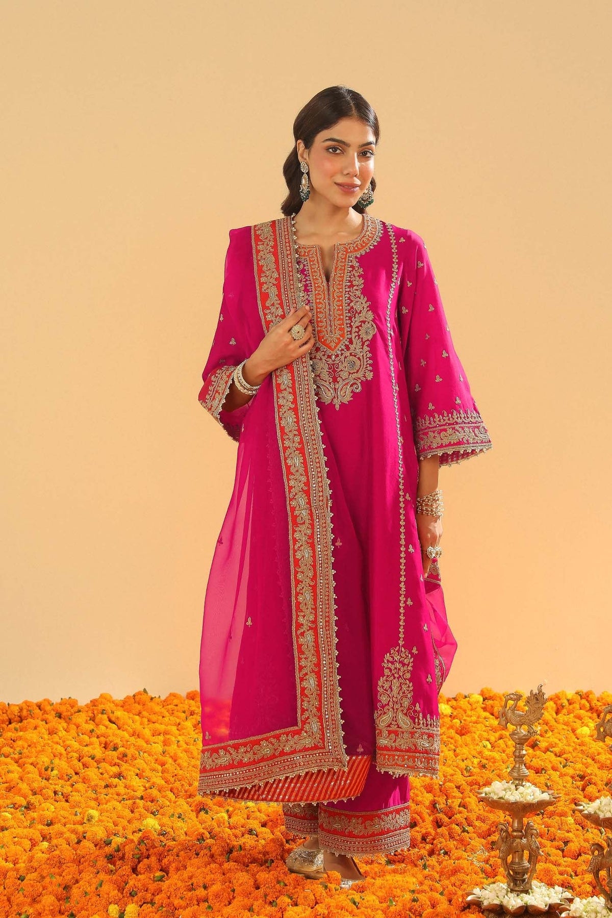 Aamish - Hotpink Long A-line Kurta with Palazzo (Lxrts)