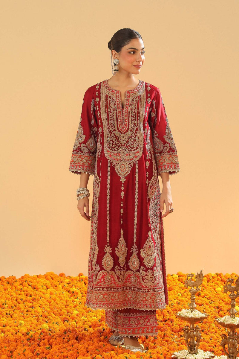 Rua - Deep Red Long A-line Kurta with Palazzo (Lxrts)