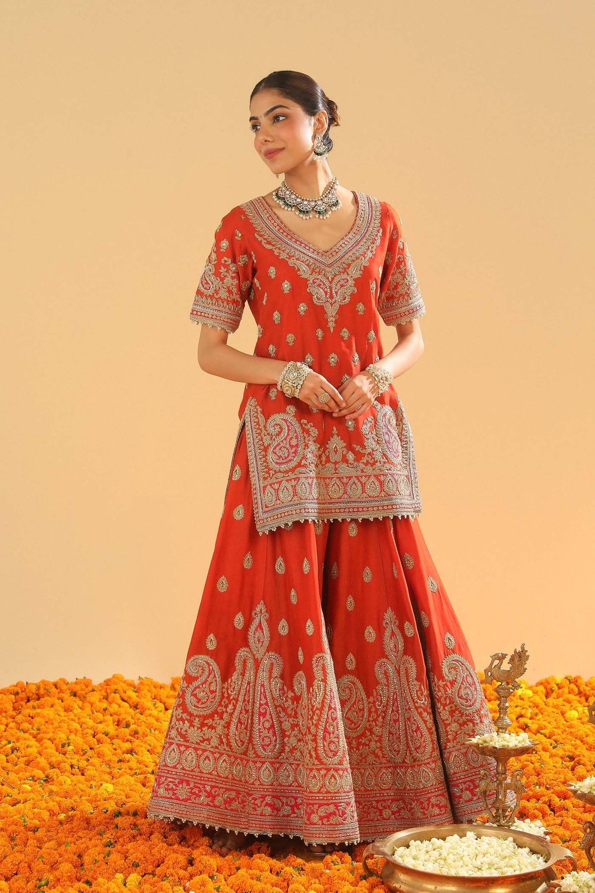 Shazfa - Burnt Orange Short Kurta with Sharara (Lxrts)