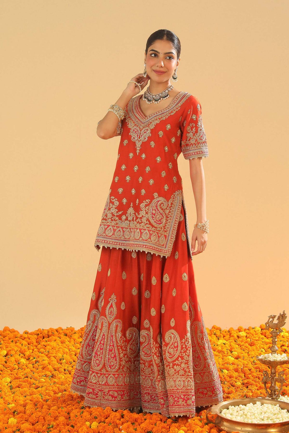 Shazfa - Burnt Orange Short Kurta with Sharara (Lxrts)