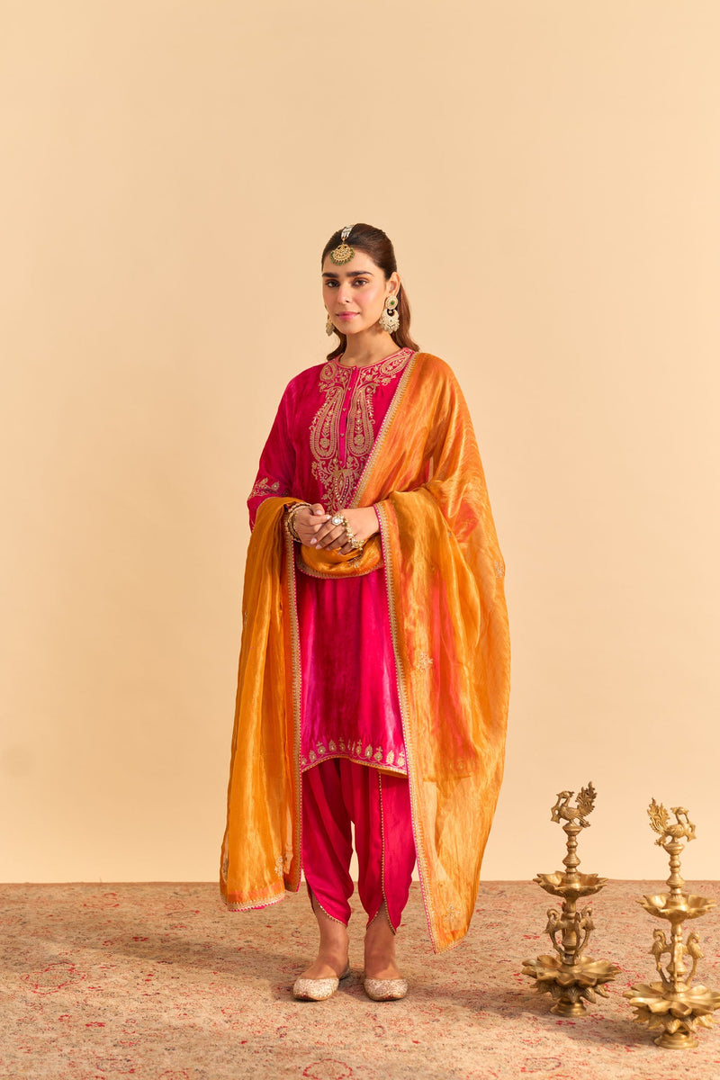 Amal - Silk Velvet Rani Hotpink A-line Kurta with Dhoti