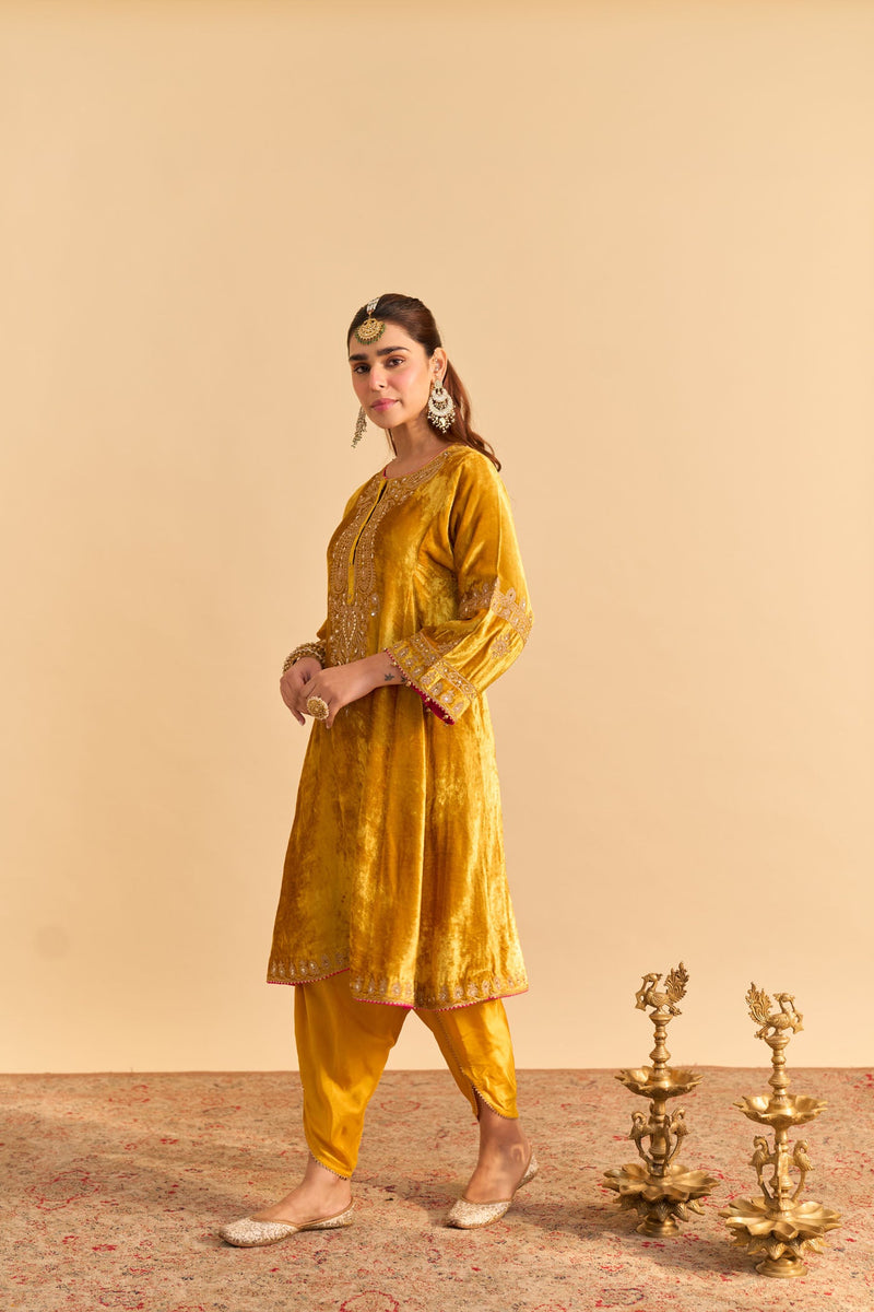 Amal - Silk Velvet Heirloom Mustard A-line Kurta with Dhoti