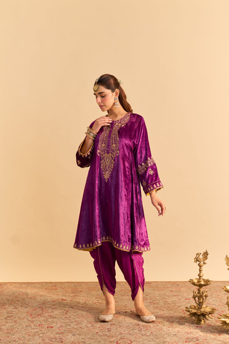 Amal - Silk Velvet Deep Purple A-line Kurta with Dhoti