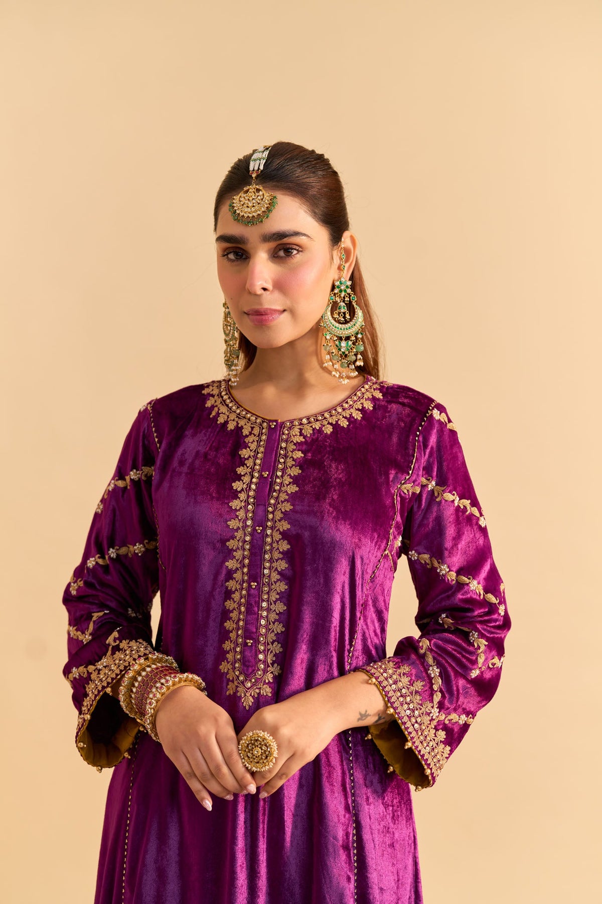 Azmiya - Silk Velvet Deep Purple Chauga with Salwar