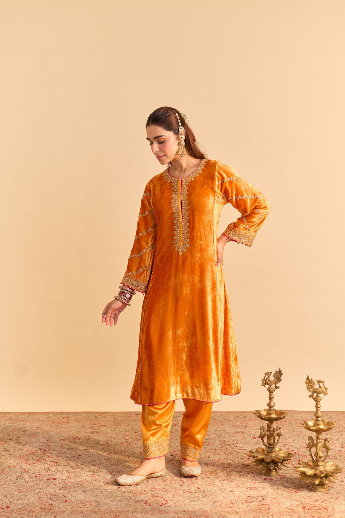 Azmiya - Silk Velvet Orange Chauga with Salwar