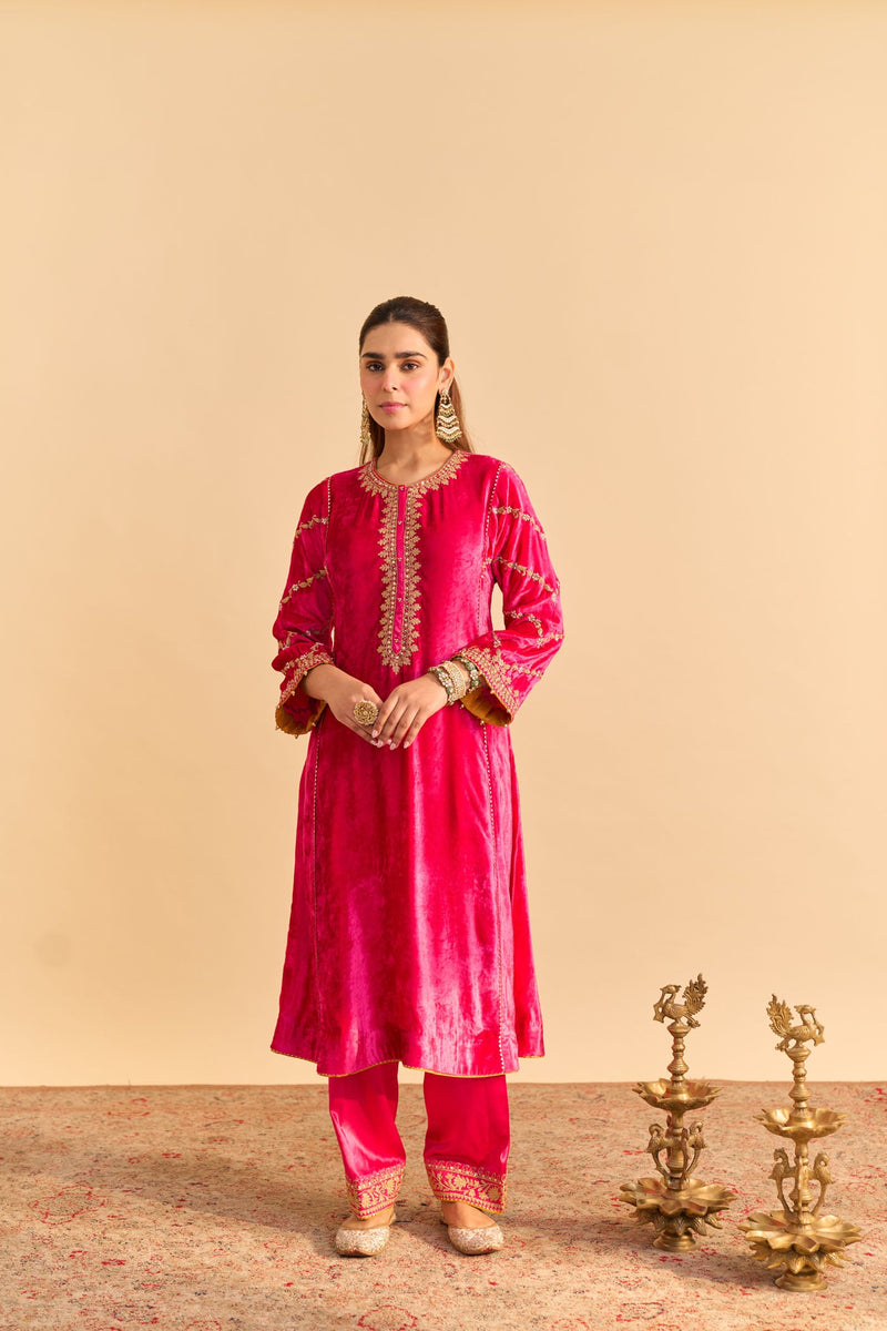 Azmiya - Silk Velvet Rani Hotpink Chauga with Salwar
