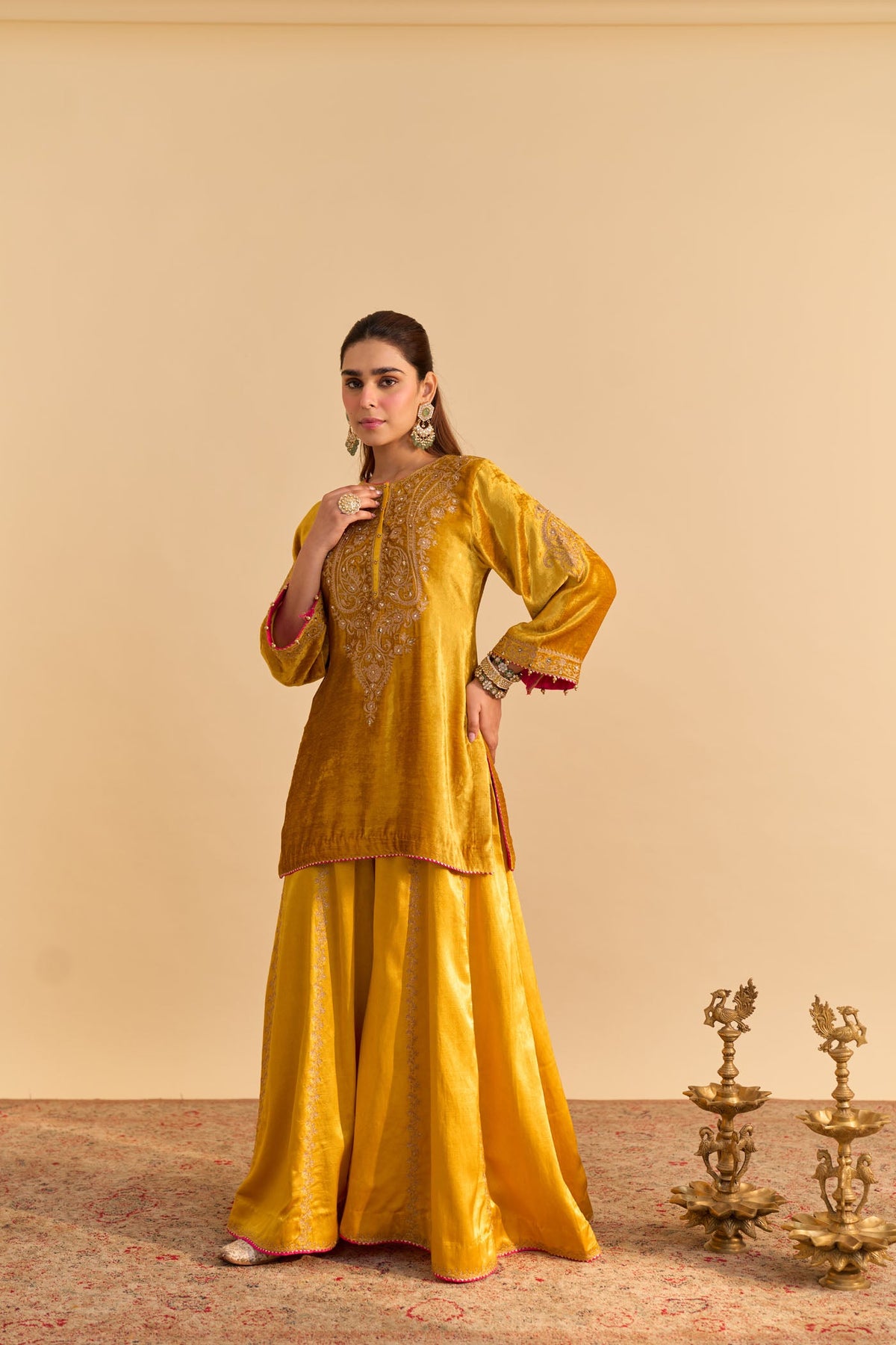 Aroob - Silk Velvet Heirloom Mustard Kurta with Sharara and Dupatta