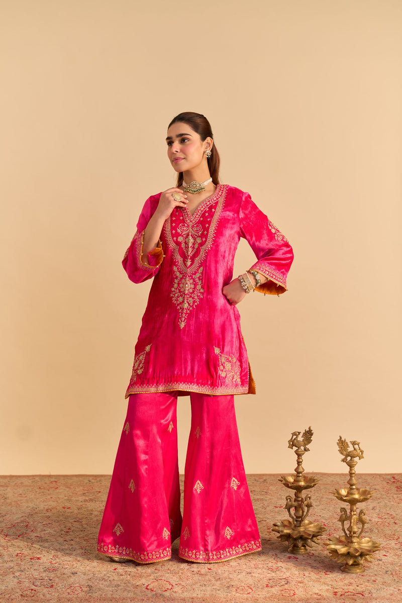 Nooren - Silk Velvet Rani Hotpink Kurta with Flared Palazzo and Dupatta