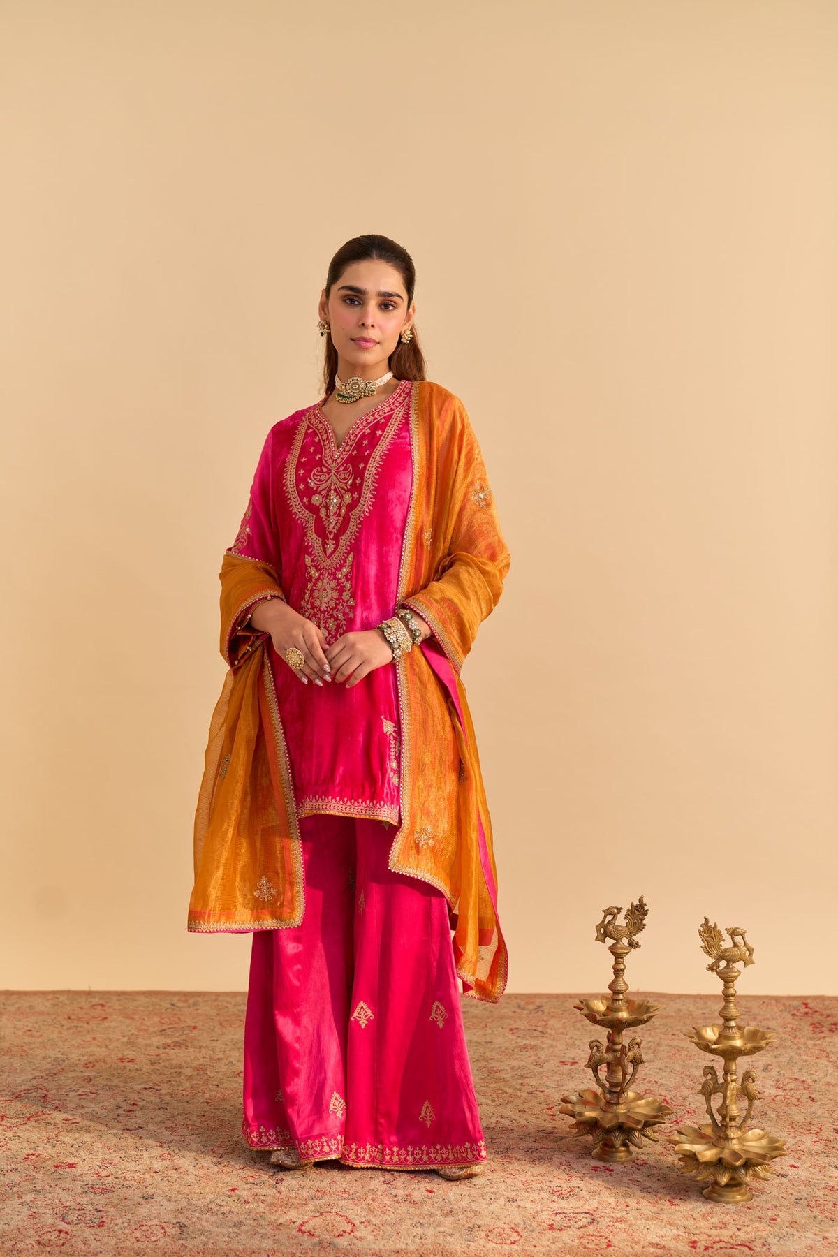 Nooren - Silk Velvet Rani Hotpink Kurta with Flared Palazzo and Dupatta