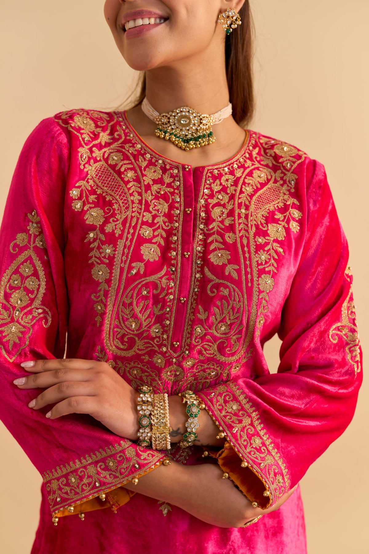 Aroob - Silk Velvet Rani Hotpink Kurta with Sharara and Dupatta