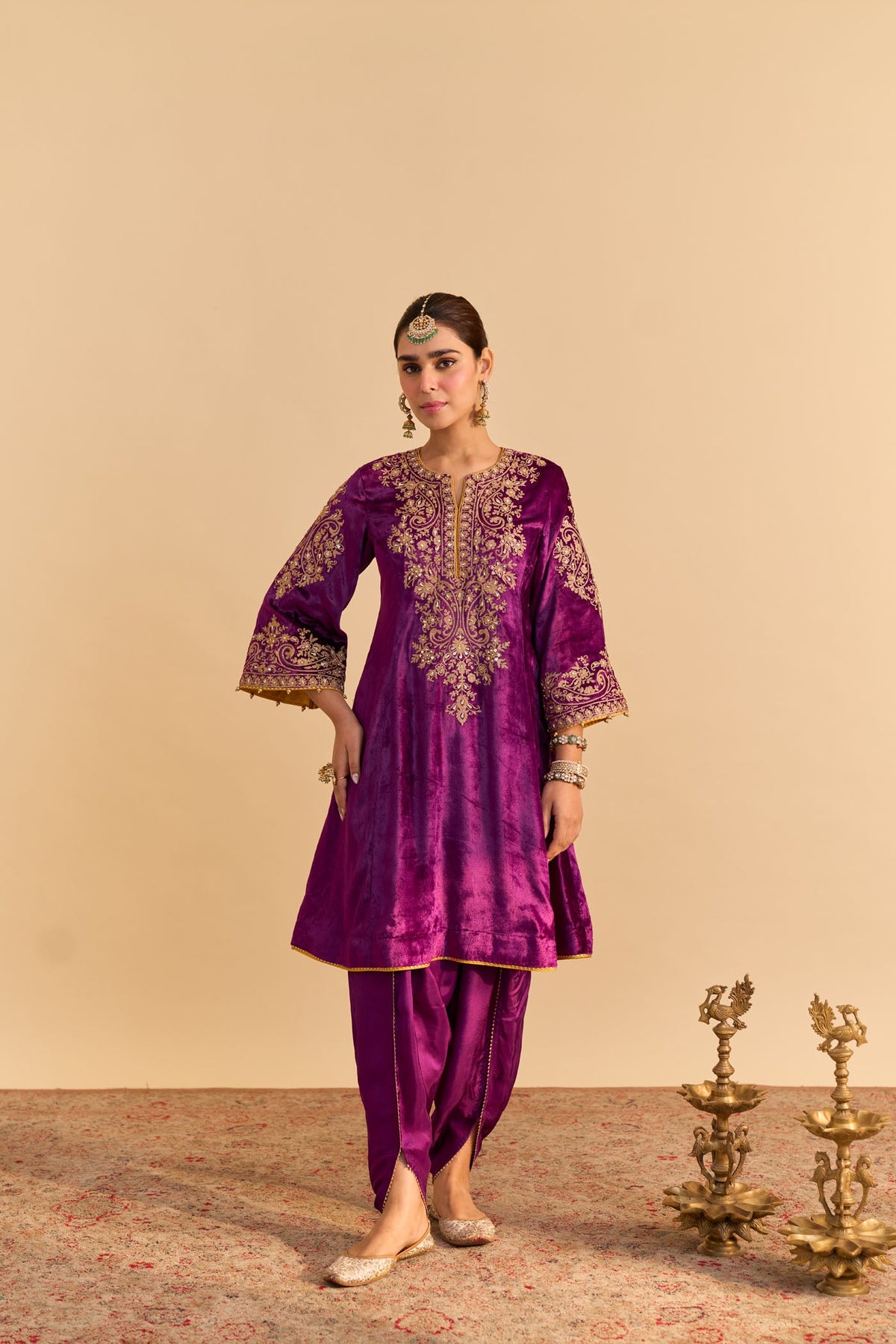 Eira - Silk Velvet Deep Purple A-line Kurta with Dhoti
