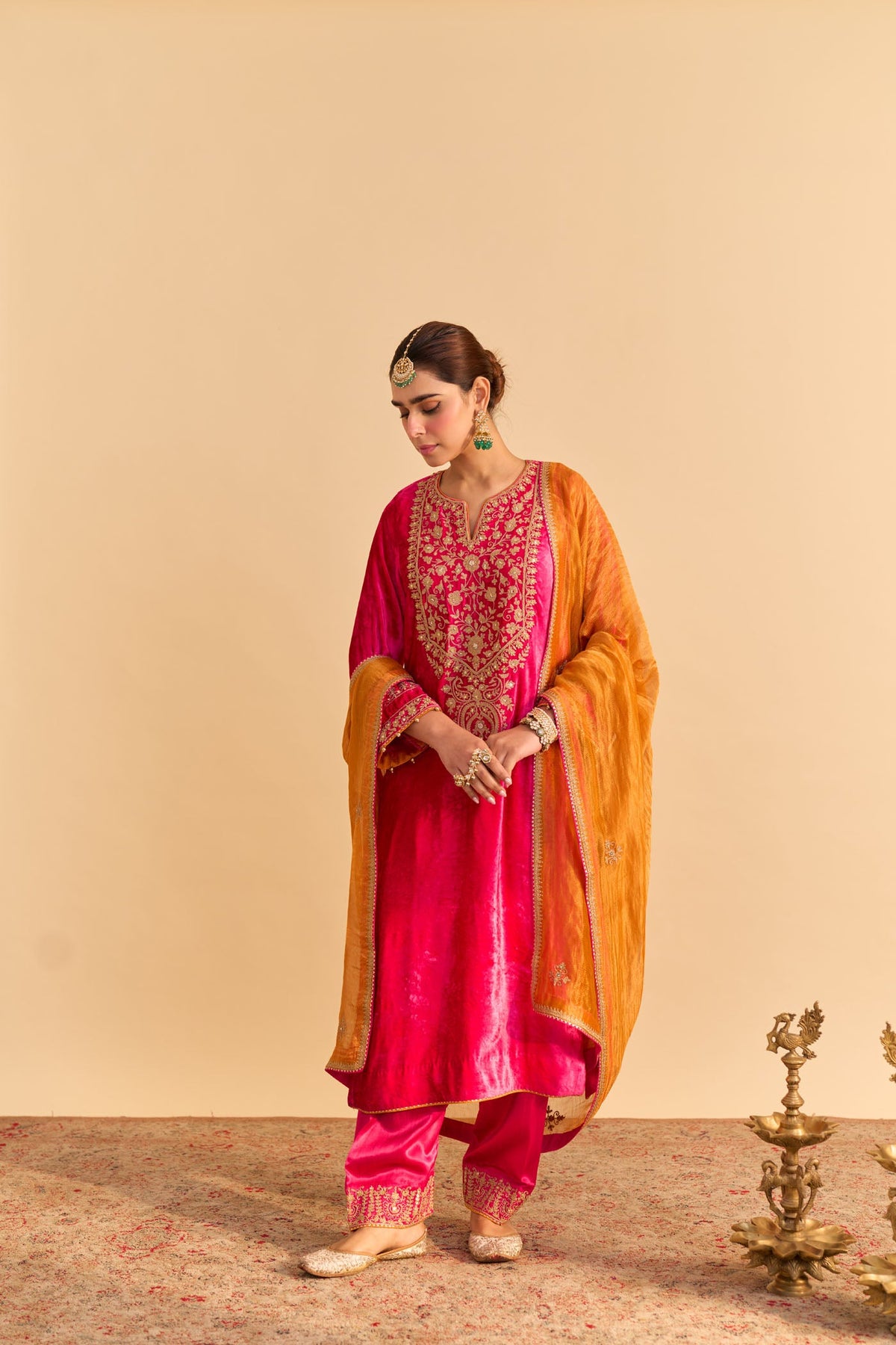 Fareeha Silk Velvet Hotpink Long Kurta with salwar