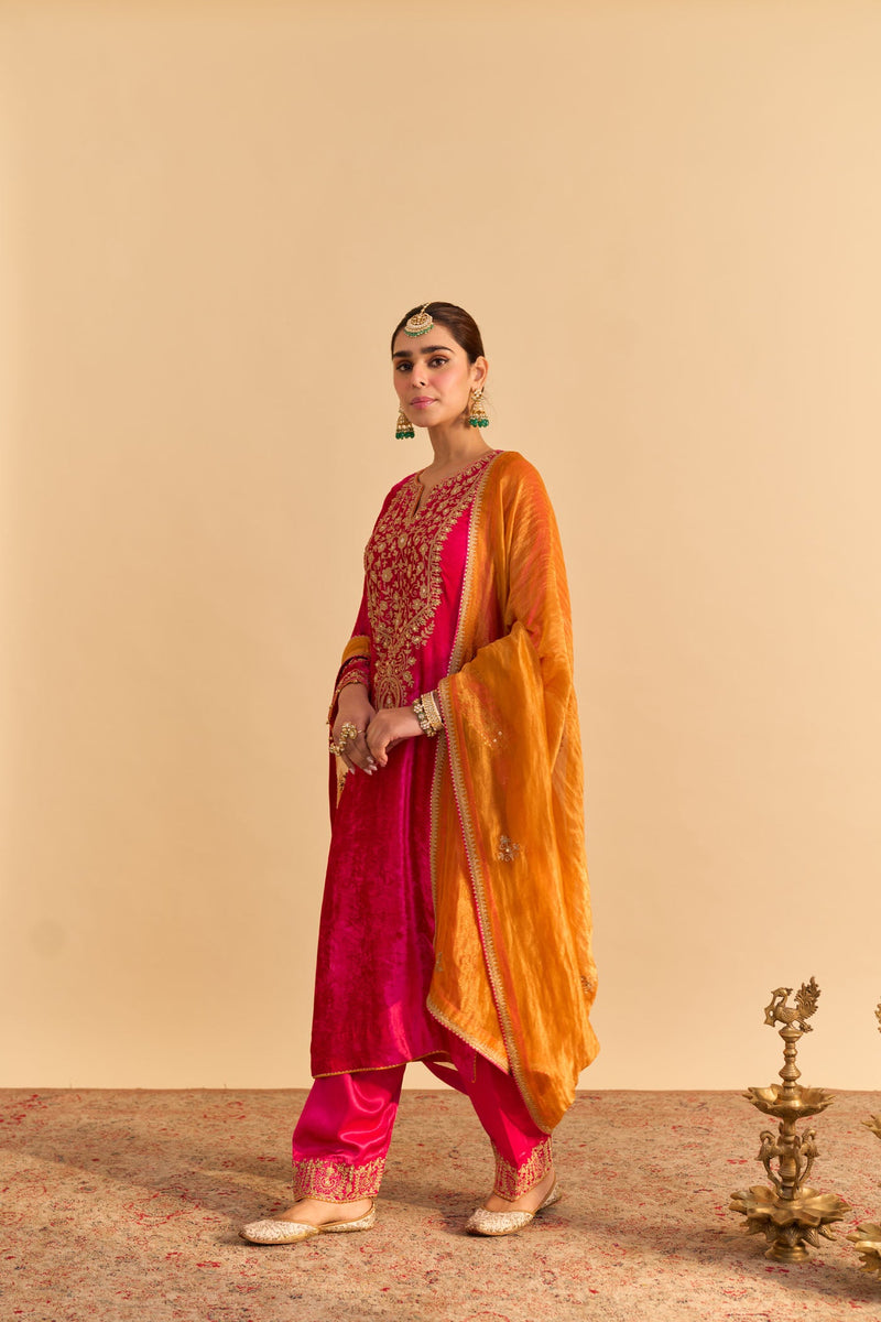 Fareeha Silk Velvet Hotpink Long Kurta with salwar