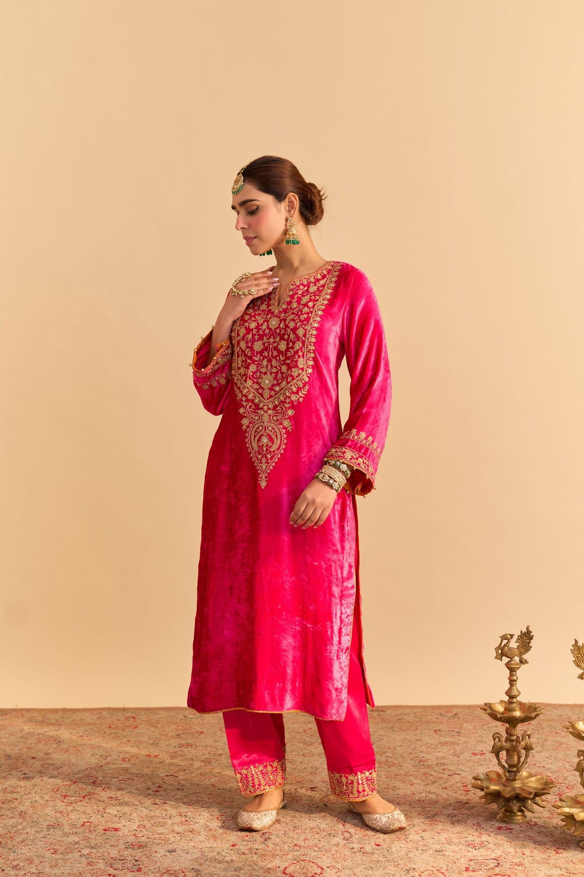 Fareeha Silk Velvet Hotpink Long Kurta with salwar