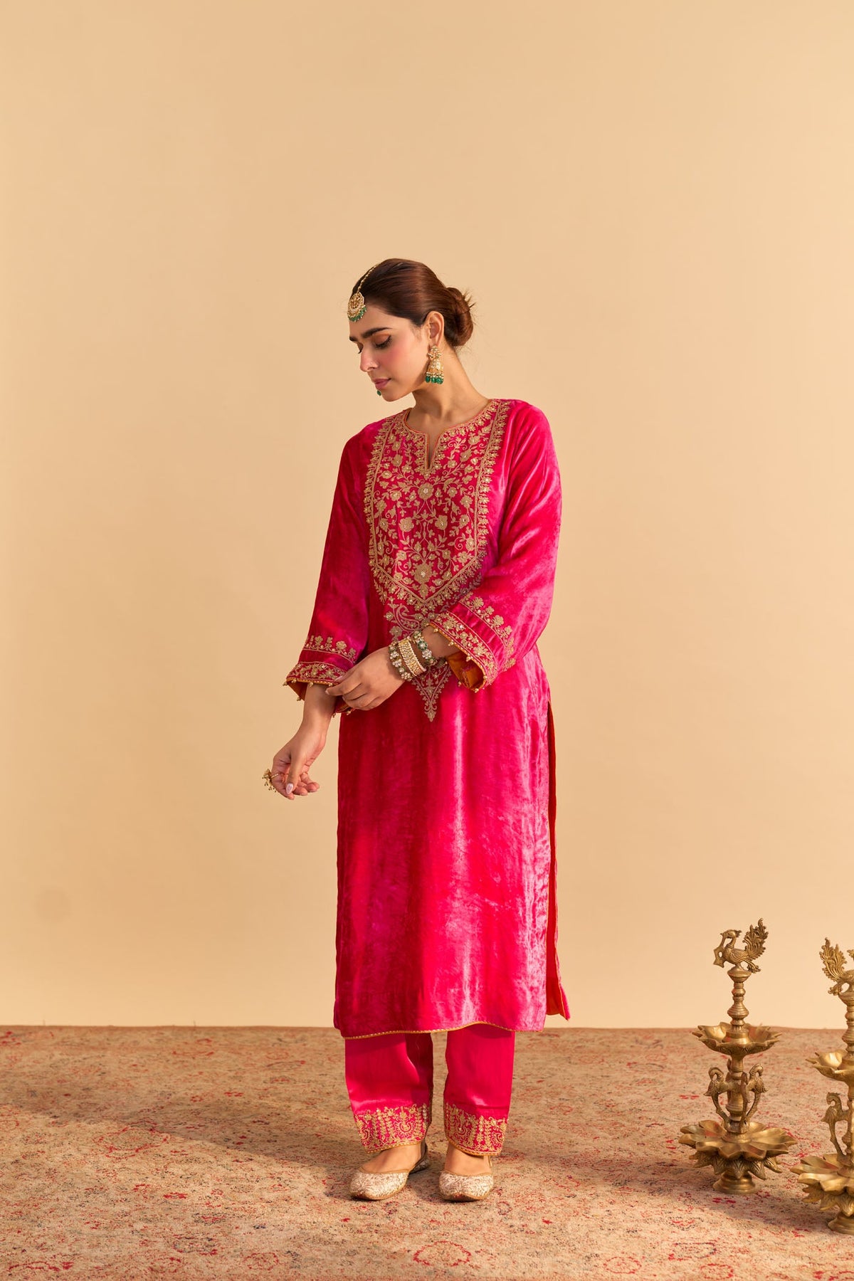 Fareeha Silk Velvet Hotpink Long Kurta with salwar
