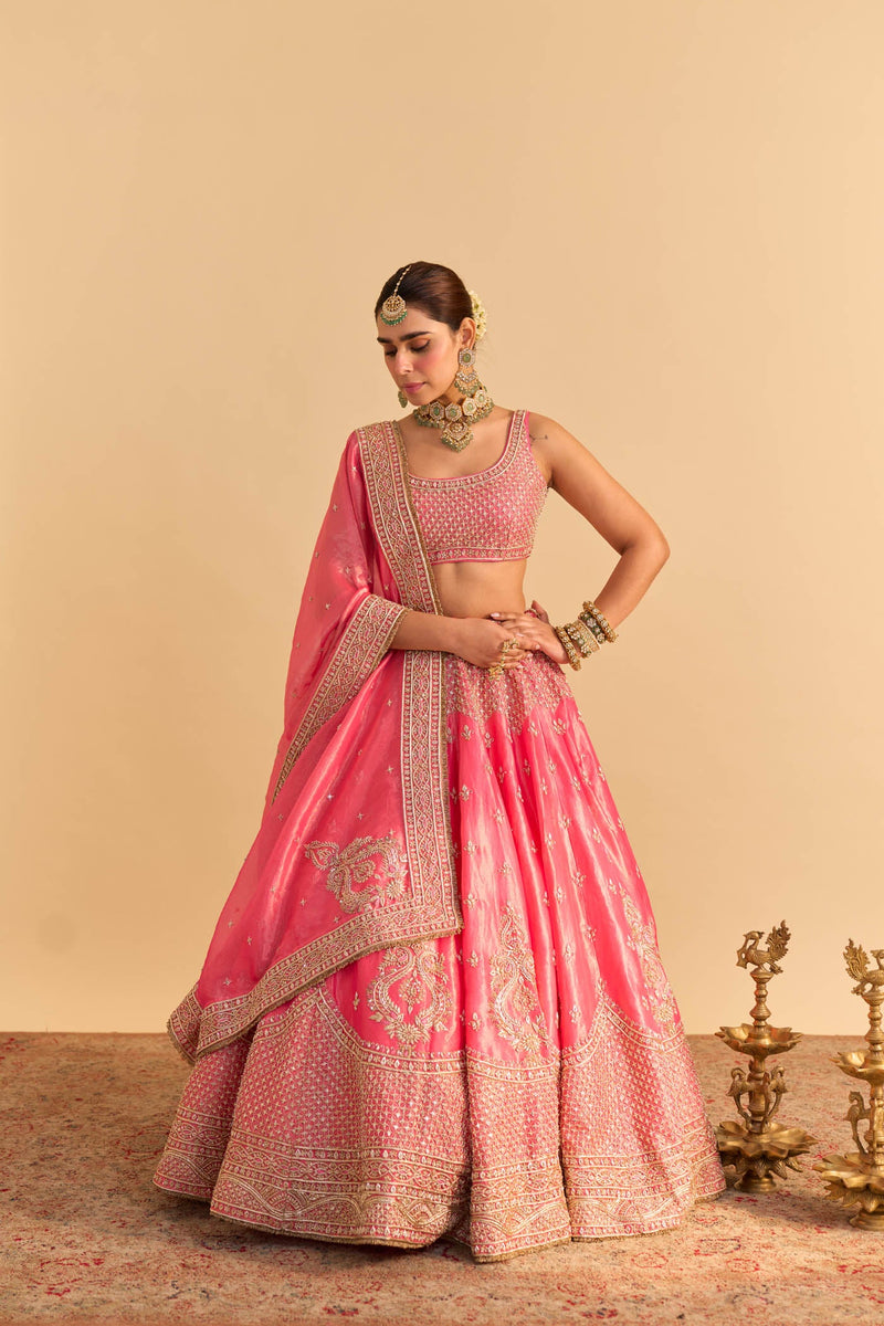 Aashina  - Dabka Zardozi Embroidered Pure Tissue Carrot Pink Lehenga Set