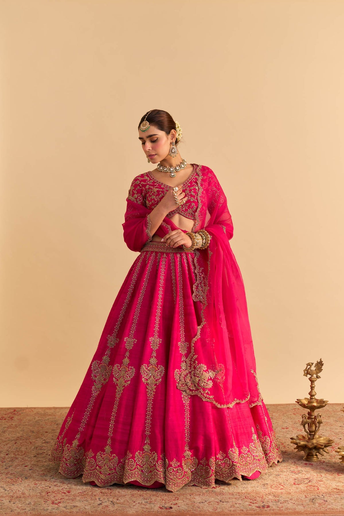 Naazila - Dabka Zardozi Embroidered Raw Silk Rani Hotpink Lehenga Set