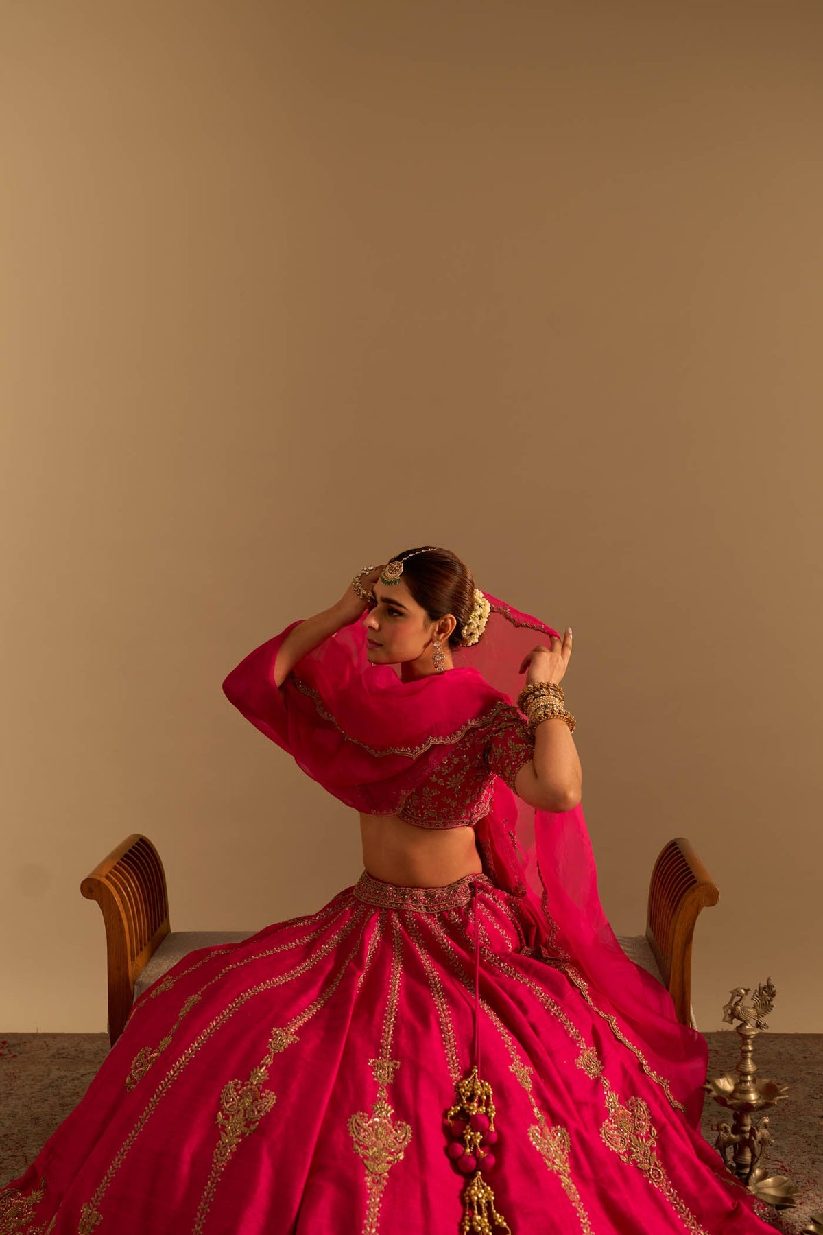 Naazila - Dabka Zardozi Embroidered Raw Silk Rani Hotpink Lehenga Set