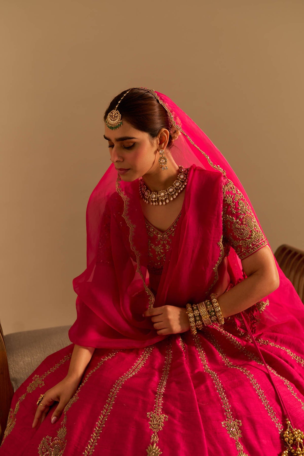 Naazila - Dabka Zardozi Embroidered Raw Silk Rani Hotpink Lehenga Set