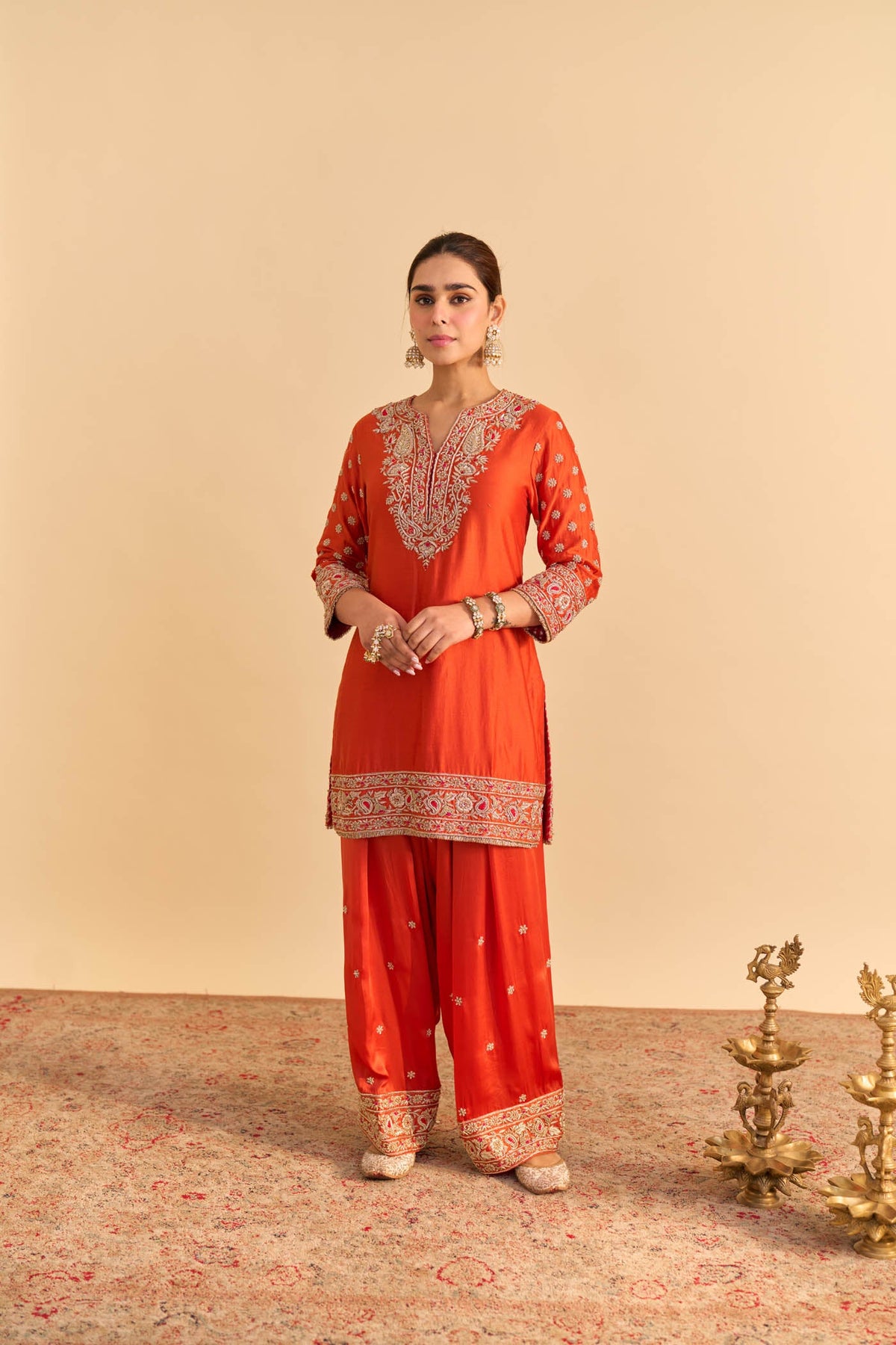 Kanikka Kapur In Naseha Burnt orange Dabka Zardozi Embroidered Short kurta Set