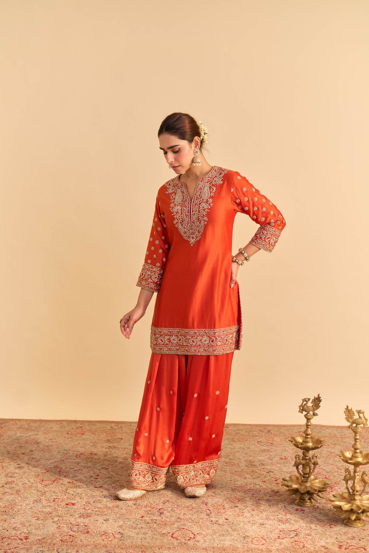 Kanikka Kapur In Naseha Burnt orange Dabka Zardozi Embroidered Short kurta Set
