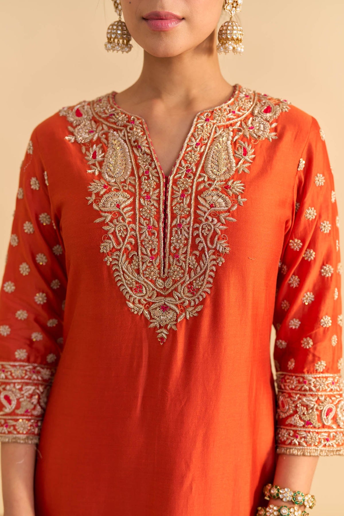 Kanikka Kapur In Naseha Burnt orange Dabka Zardozi Embroidered Short kurta Set